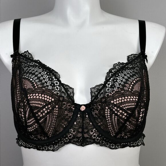 Cacique Lightly Lined French Balconette Bra Size 38DD Black Lace Pink Underwire - Picture 1 of 8